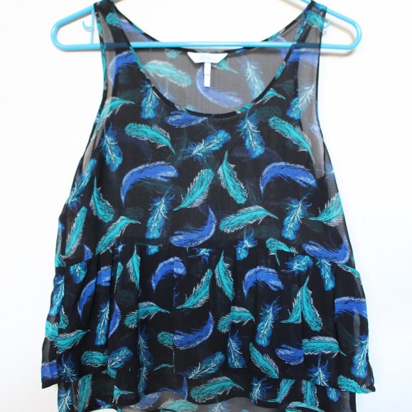 Kira Tops - Kira | Sheer Feather Print Ruffle Tank Top | Black/Blue | Pacsun